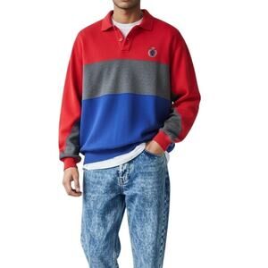 Vintage 90s Colorblock Polo Collar Embroidery Crest Sweater Red Blue Gray Medium